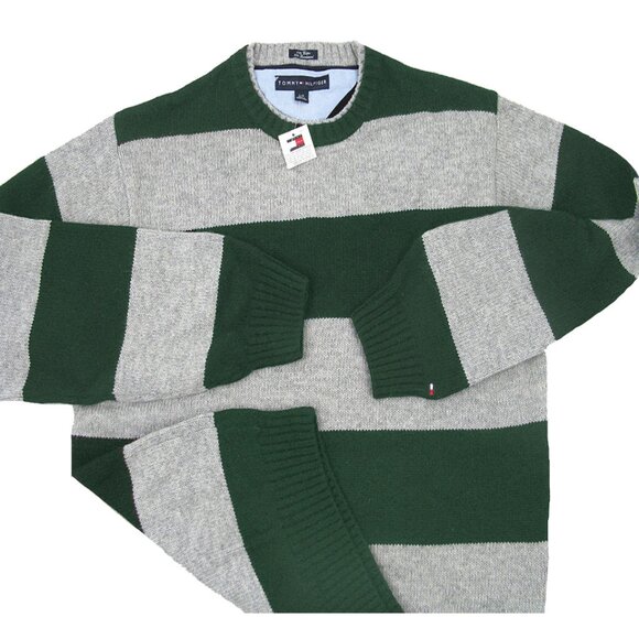NEW Tommy Hilfiger Lambswool Sweater! 2X Green & Gray Stripe Tommy Flag Heavier - Picture 1 of 1